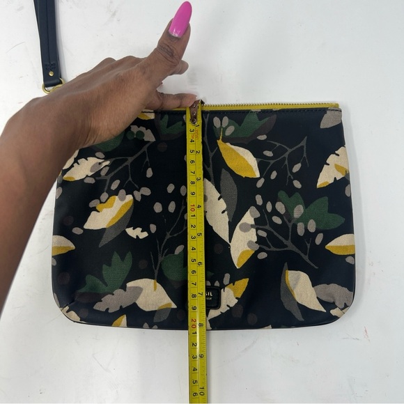 Fossil Leaf Design Coated Canvas Black Clutch/Pouch With Detachable Wristband - Picture 10 of 10